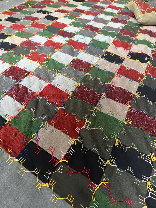 Vintage Handcrafted Patchwork Quilt: Embroidered Folk Art, Matching Pillow