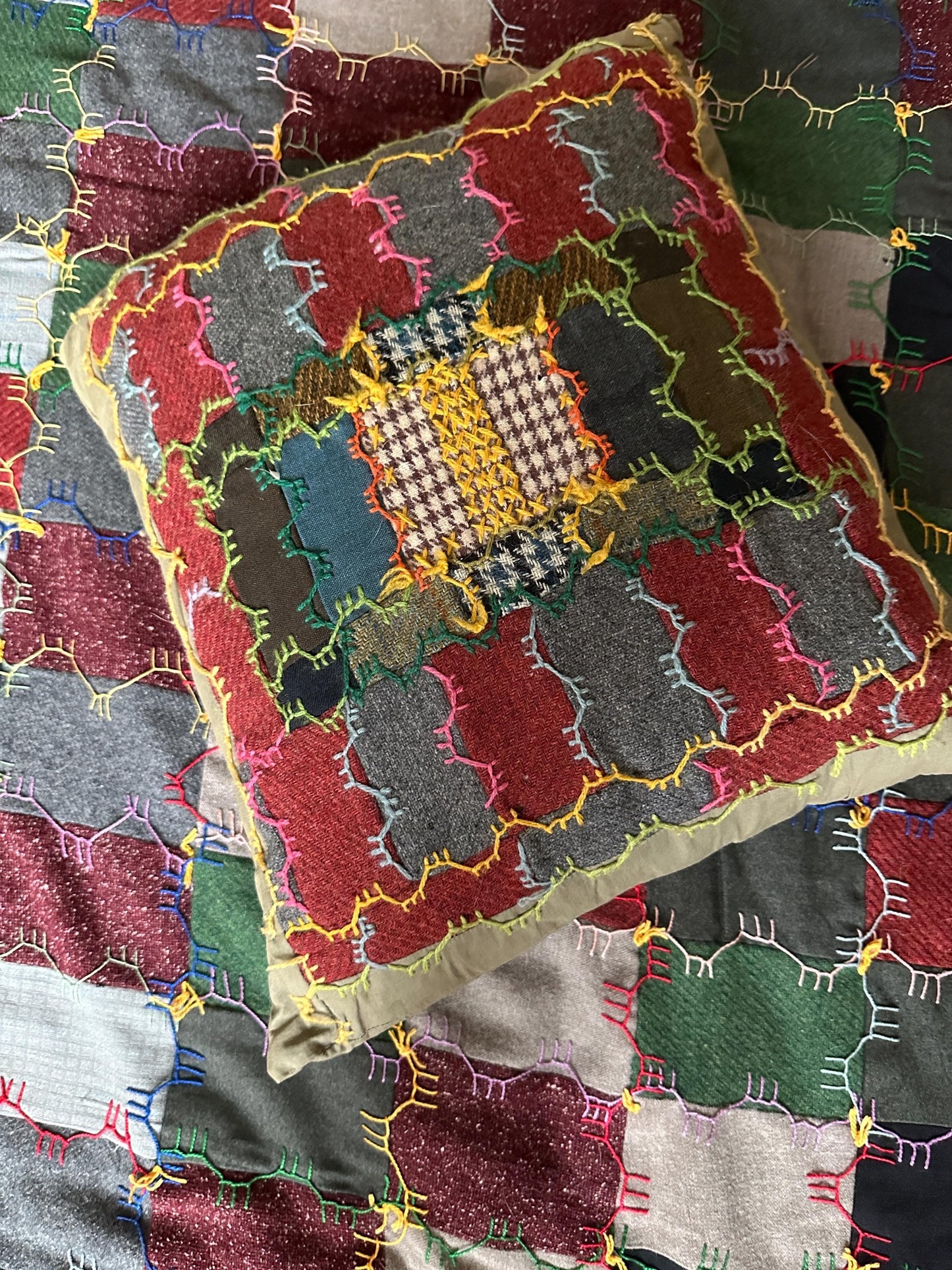 Vintage Handcrafted Patchwork Quilt: Embroidered Folk Art, Matching Pillow