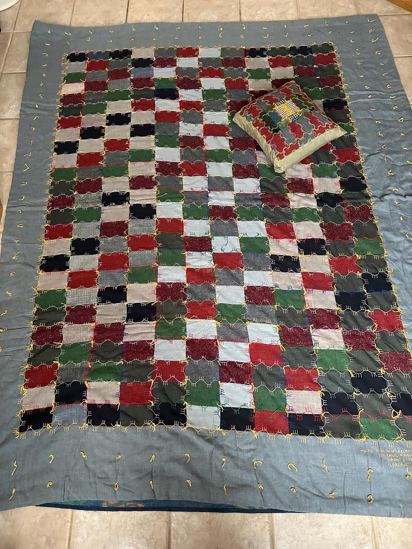 Vintage Handcrafted Patchwork Quilt: Embroidered Folk Art, Matching Pillow