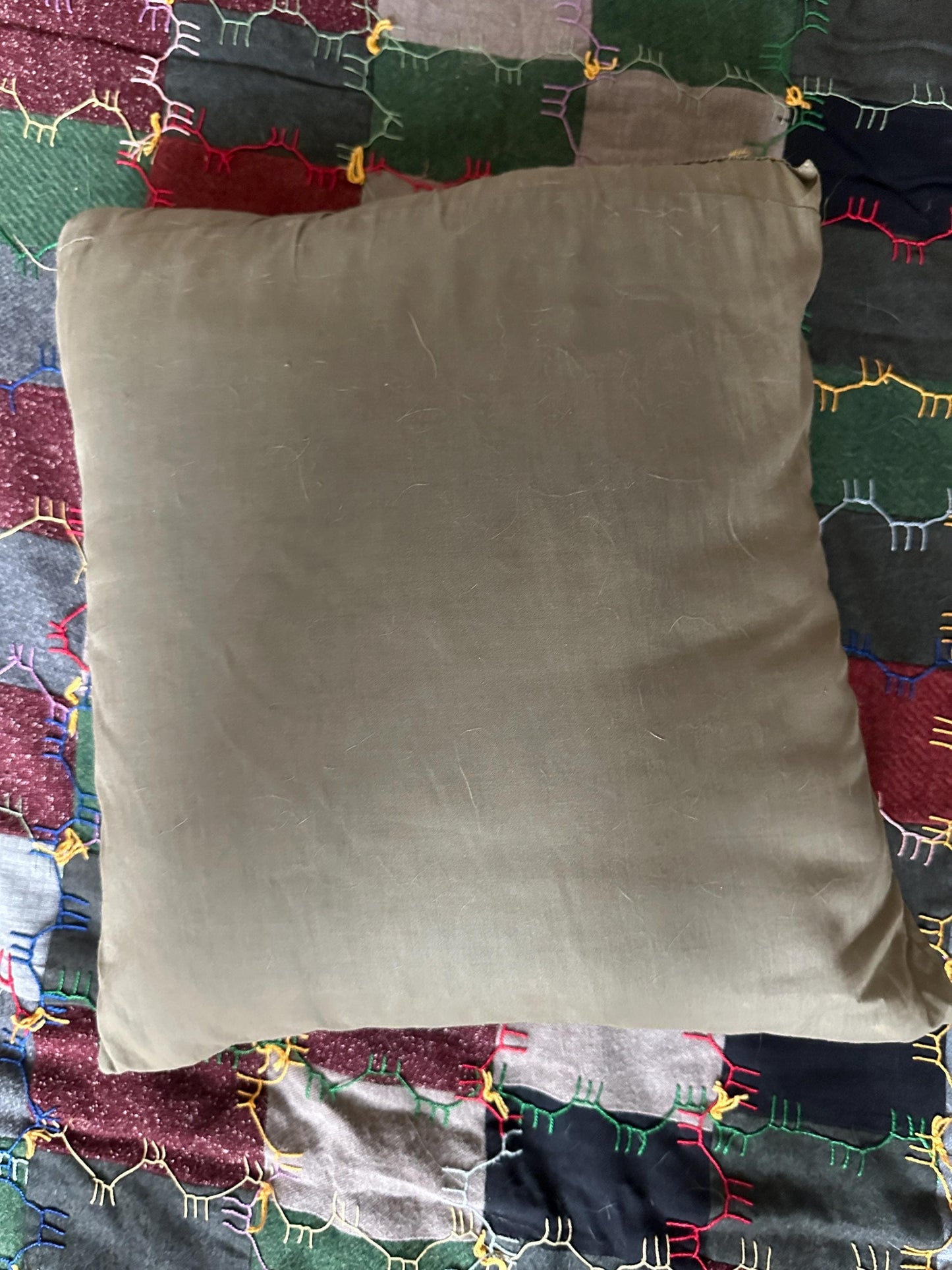 Vintage Handcrafted Patchwork Quilt: Embroidered Folk Art, Matching Pillow