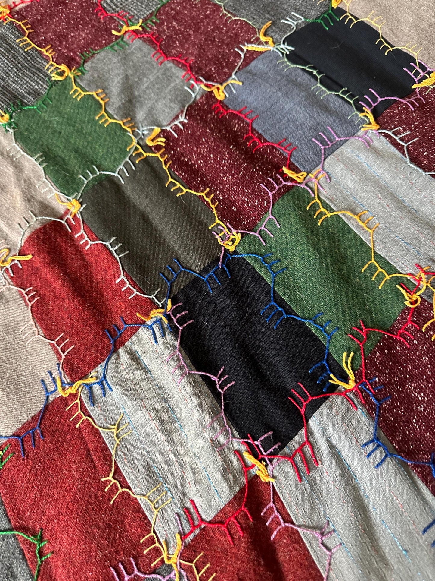 Vintage Handcrafted Patchwork Quilt: Embroidered Folk Art, Matching Pillow