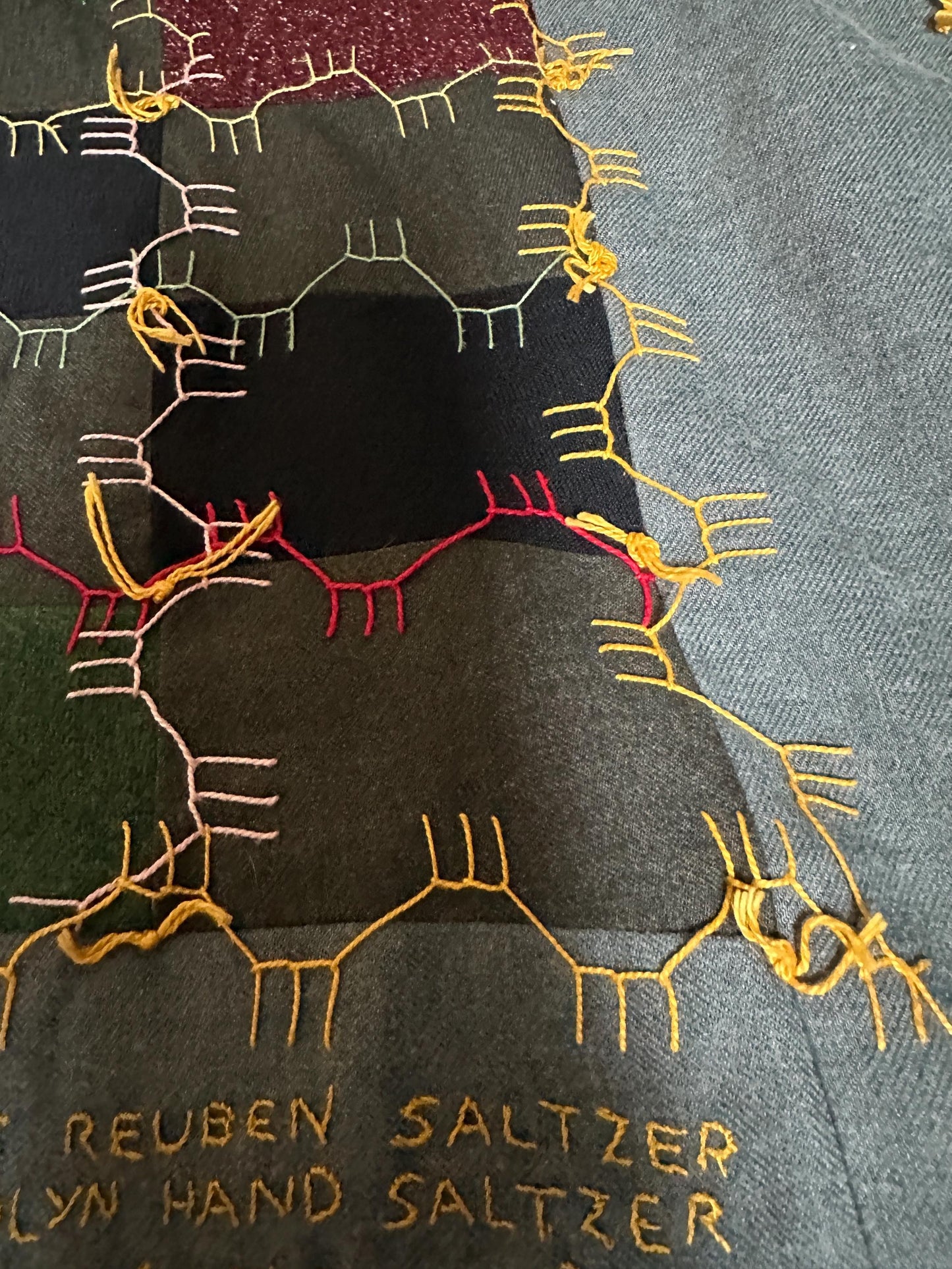 Vintage Handcrafted Patchwork Quilt: Embroidered Folk Art, Matching Pillow