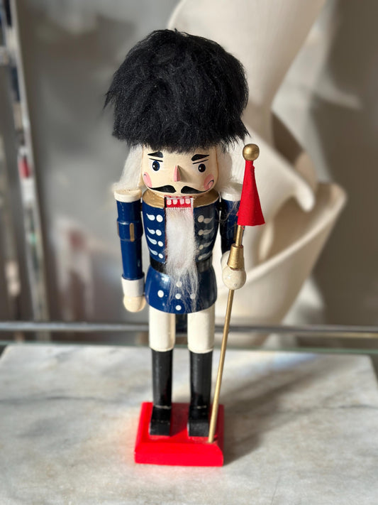 Nutcracker 14” Miner Christmas Blue Black Hat Flag Wooden Hand Painted, Nice