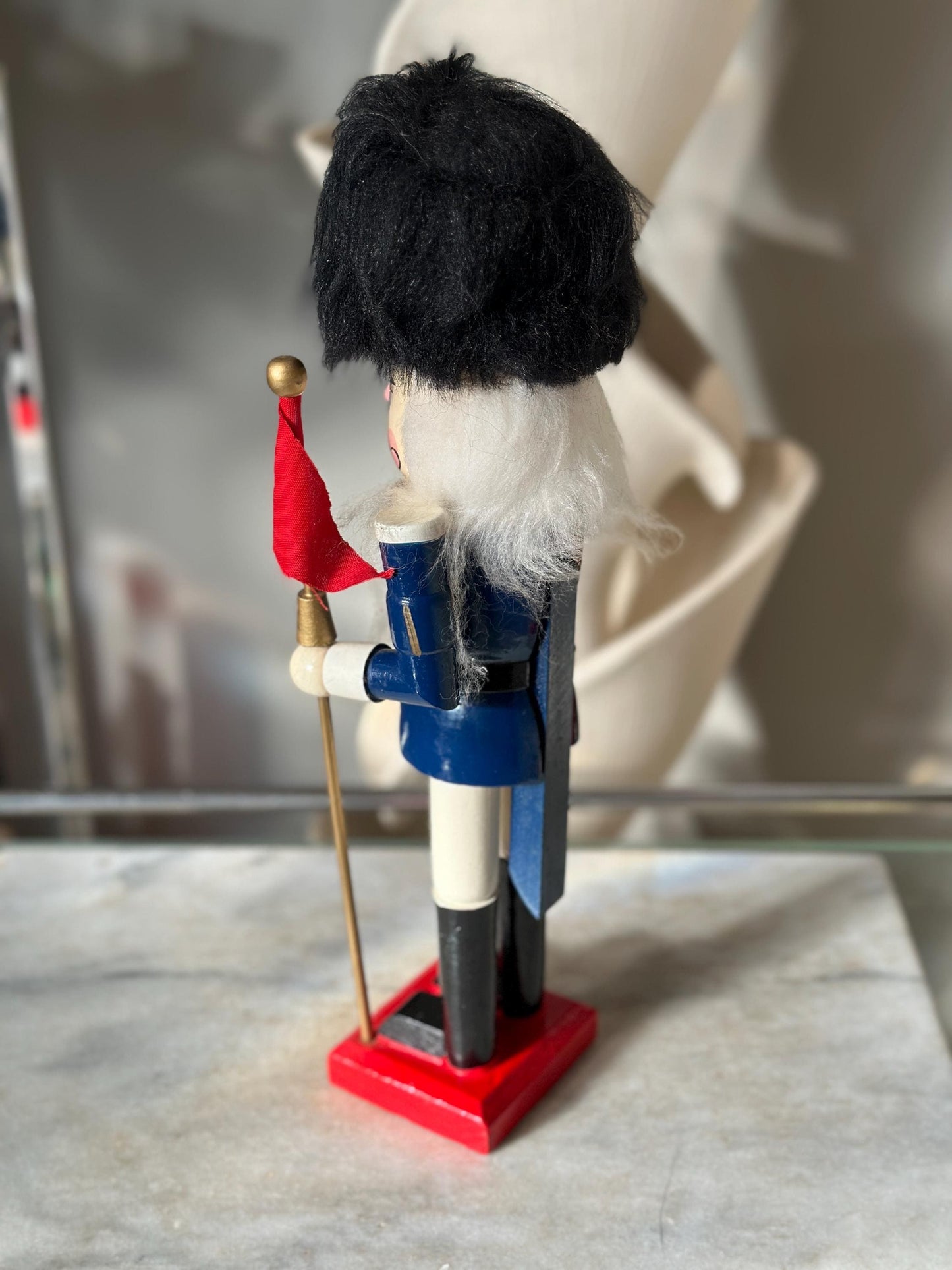 Nutcracker 14” Miner Christmas Blue Black Hat Flag Wooden Hand Painted, Nice