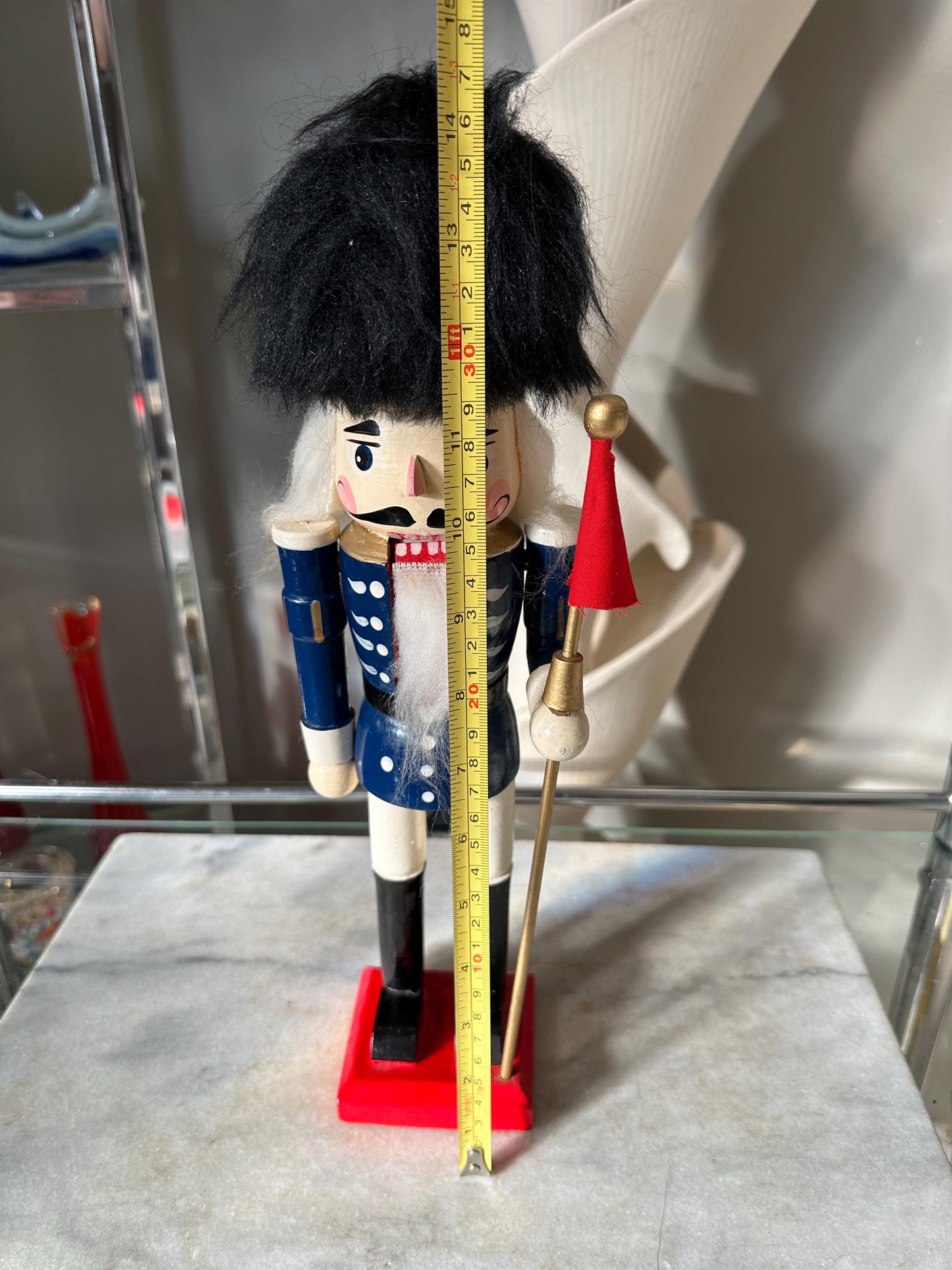 Nutcracker 14” Miner Christmas Blue Black Hat Flag Wooden Hand Painted, Nice