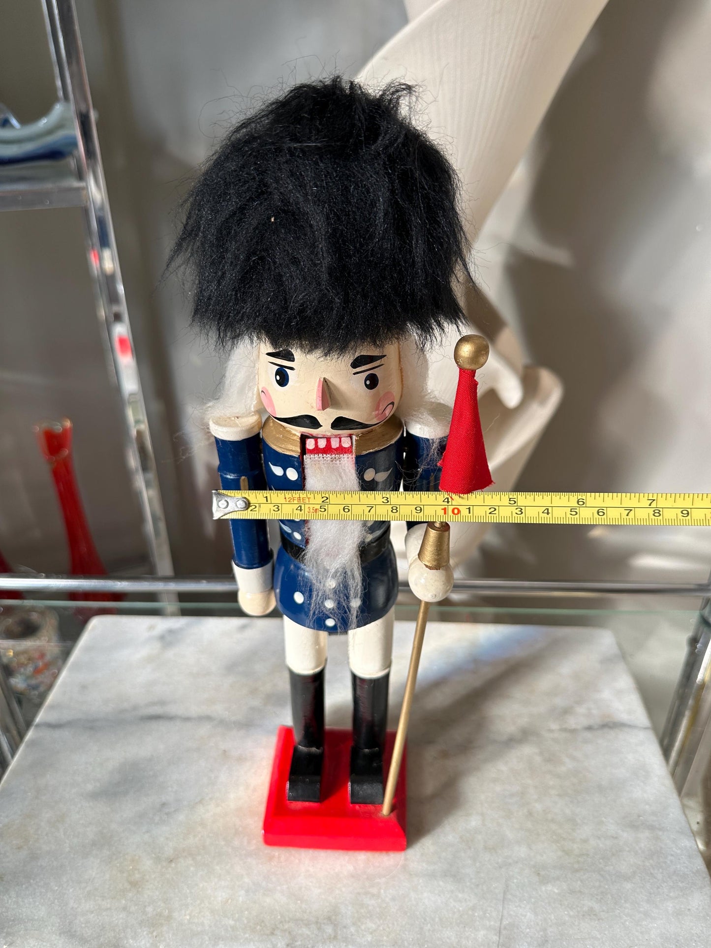 Nutcracker 14” Miner Christmas Blue Black Hat Flag Wooden Hand Painted, Nice