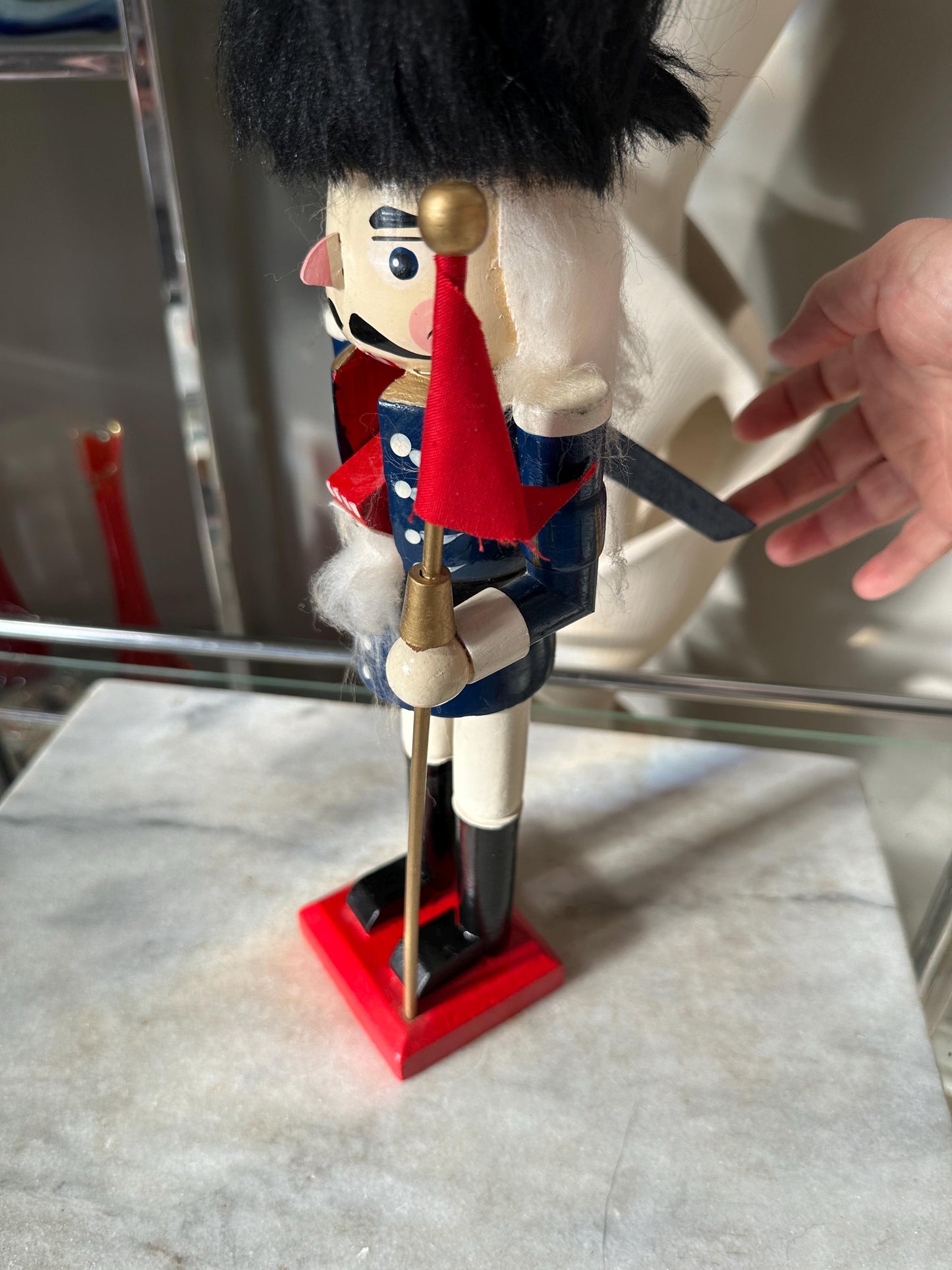 Nutcracker 14” Miner Christmas Blue Black Hat Flag Wooden Hand Painted, Nice