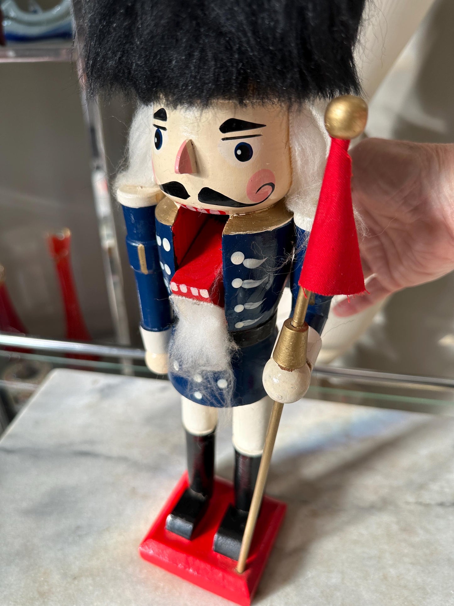 Nutcracker 14” Miner Christmas Blue Black Hat Flag Wooden Hand Painted, Nice