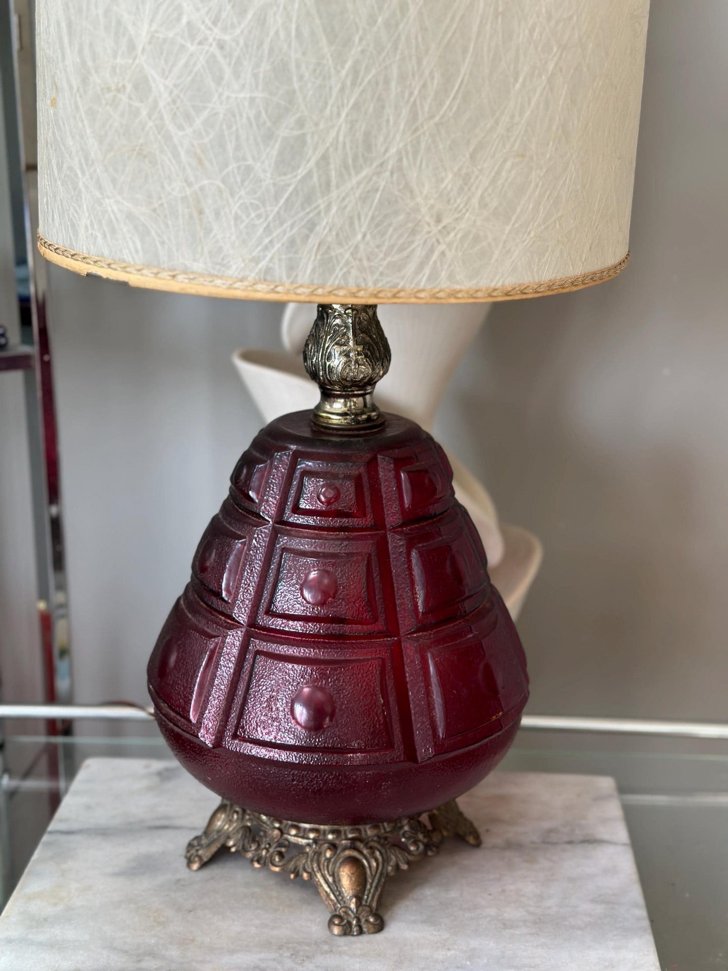 Vintage Ruby Glass Table Lamp: Hollywood Regency Ornate Brass Base