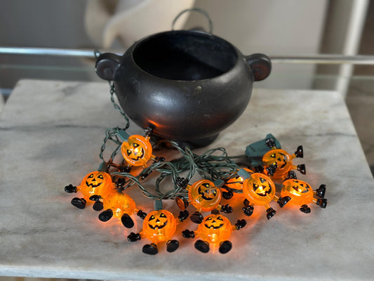 Vintage McCoy Floraline Black Planter Scrolled Handles MCM #452 | w Kitschy Jack onLantern Halloween Lights | Halloween Decor