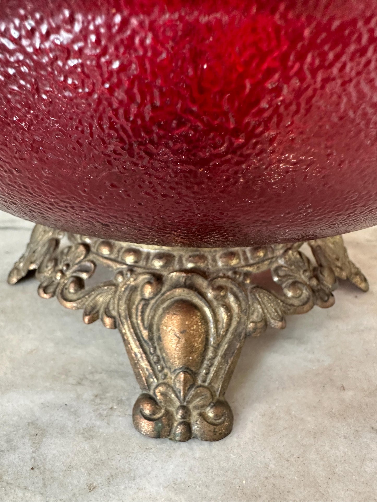 Vintage Ruby Glass Table Lamp: Hollywood Regency Ornate Brass Base