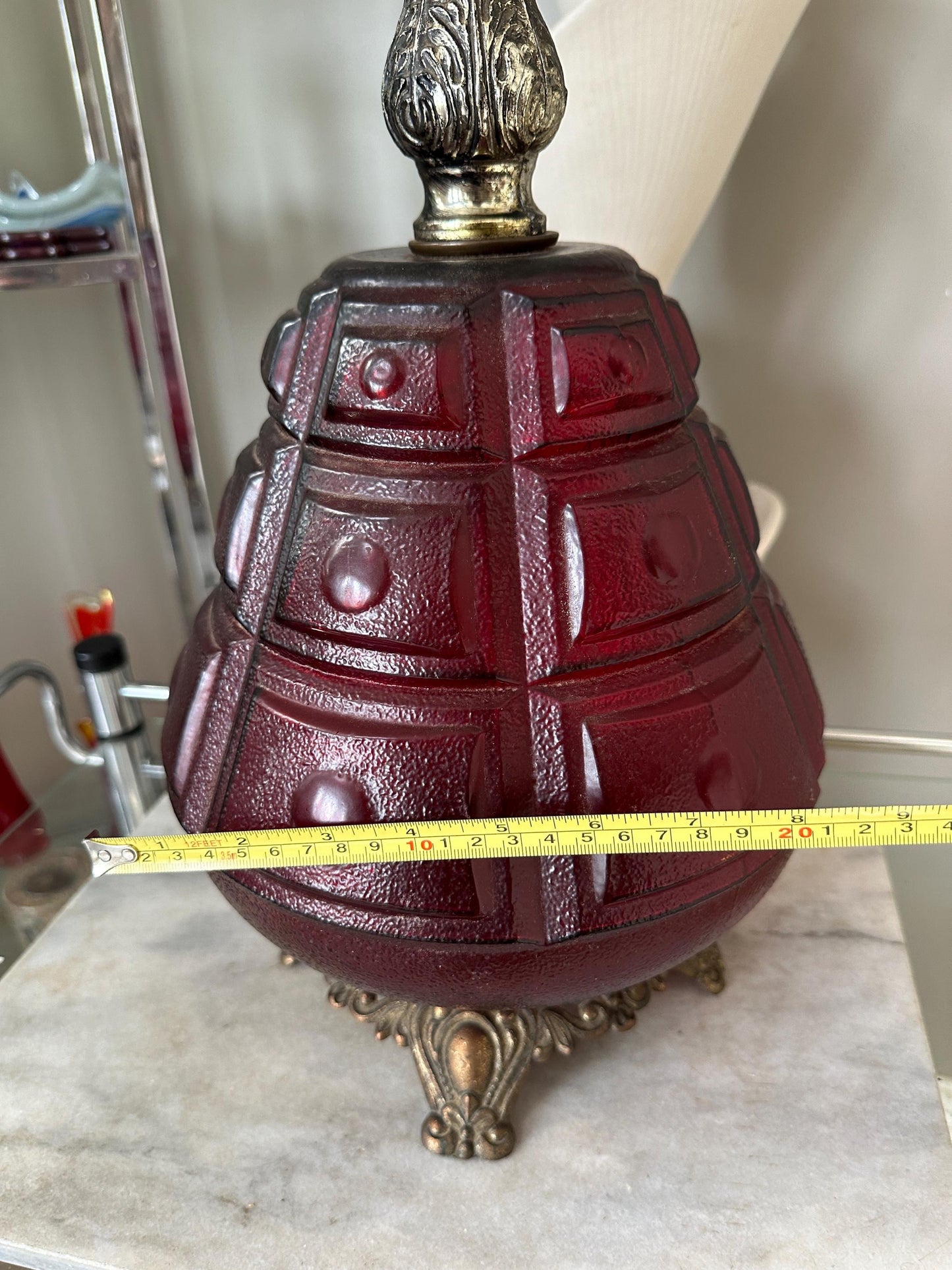 Vintage Ruby Glass Table Lamp: Hollywood Regency Ornate Brass Base