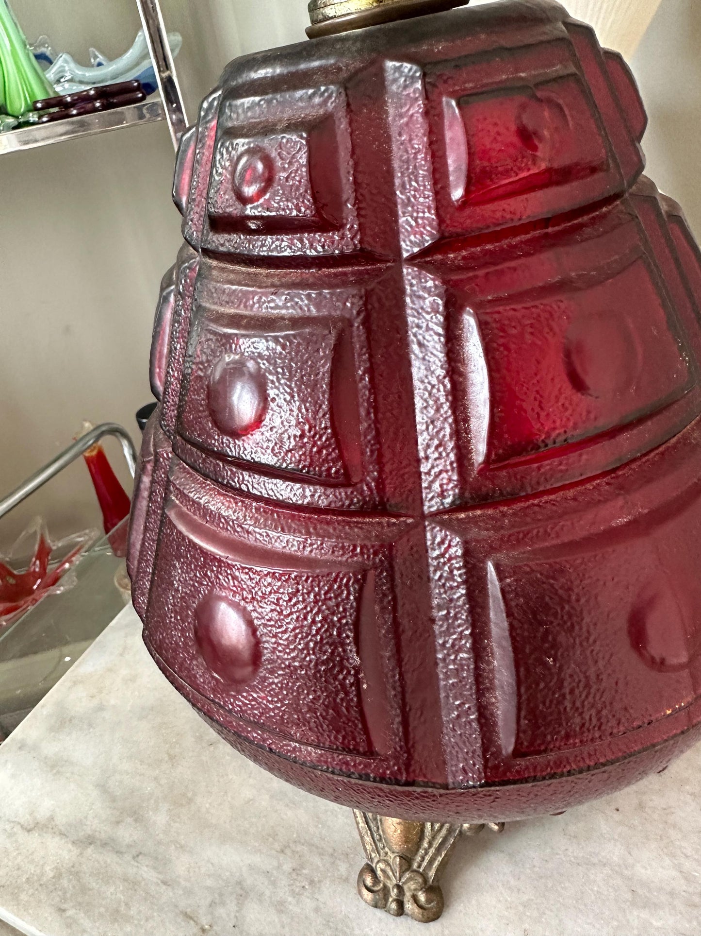 Vintage Ruby Glass Table Lamp: Hollywood Regency Ornate Brass Base