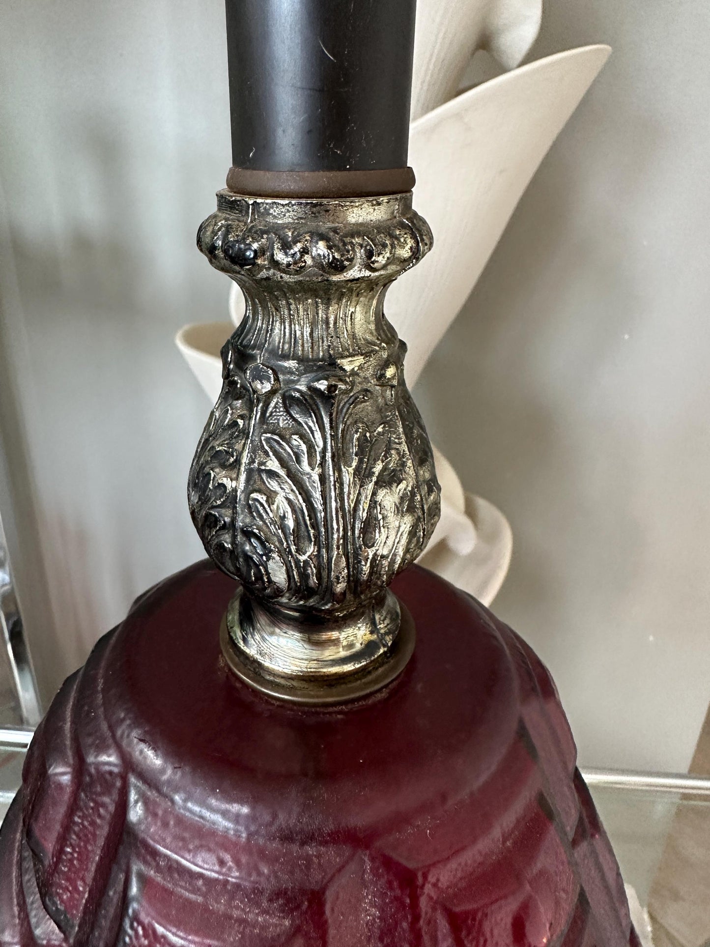 Vintage Ruby Glass Table Lamp: Hollywood Regency Ornate Brass Base