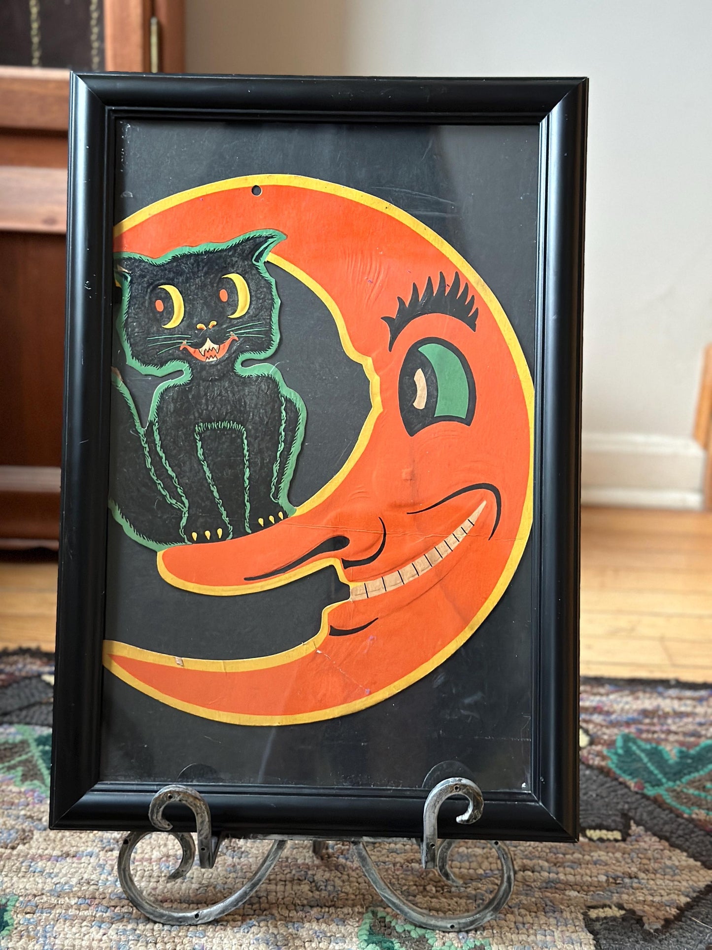 Framed Vintage BEISTLE Halloween Die-Cut: Smiling Moon & Black Cat Embossed Art
