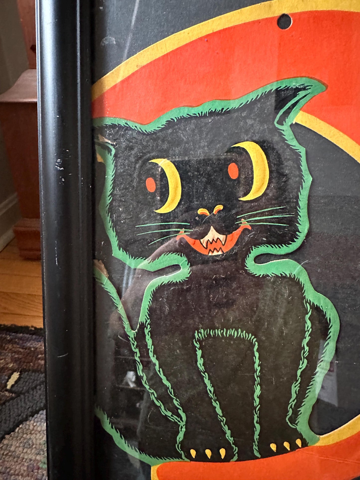 Framed Vintage BEISTLE Halloween Die-Cut: Smiling Moon & Black Cat Embossed Art