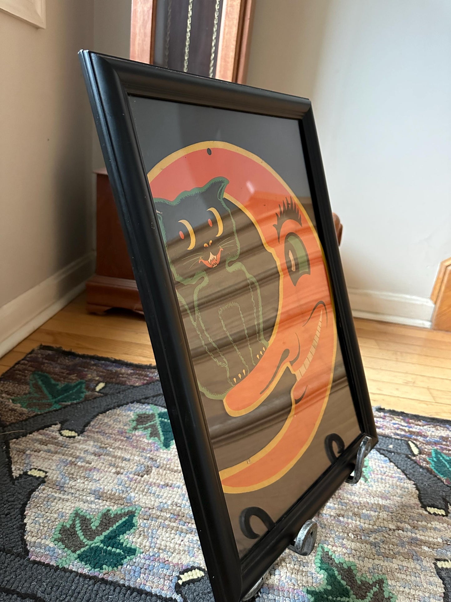 Framed Vintage BEISTLE Halloween Die-Cut: Smiling Moon & Black Cat Embossed Art