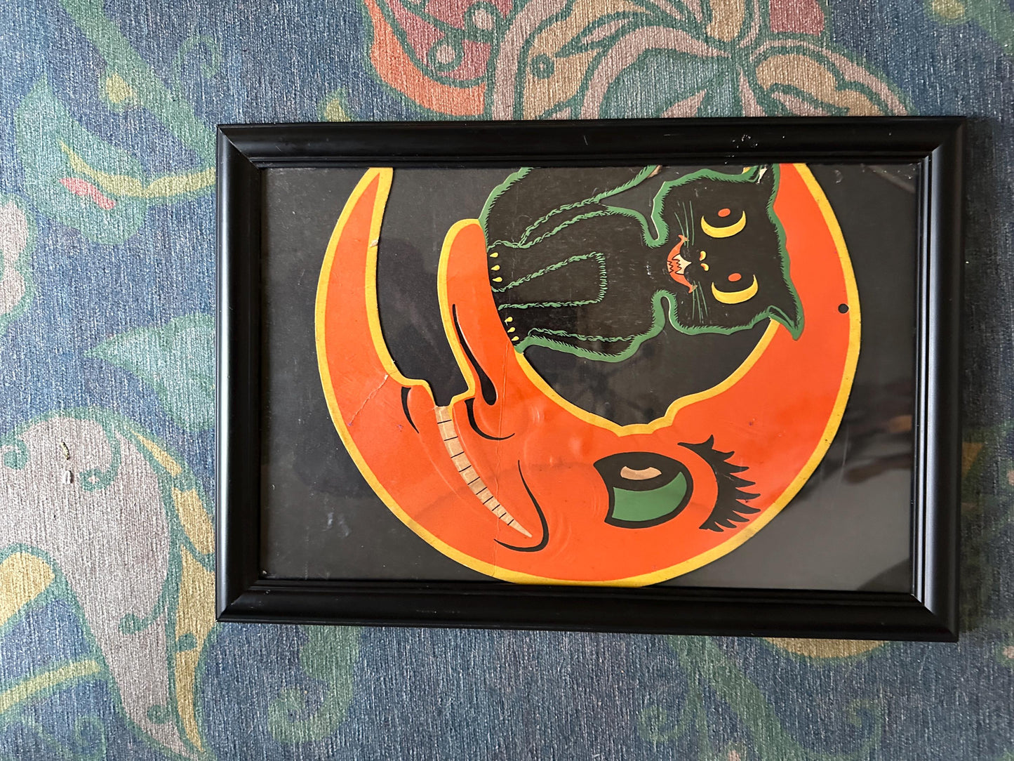Framed Vintage BEISTLE Halloween Die-Cut: Smiling Moon & Black Cat Embossed Art