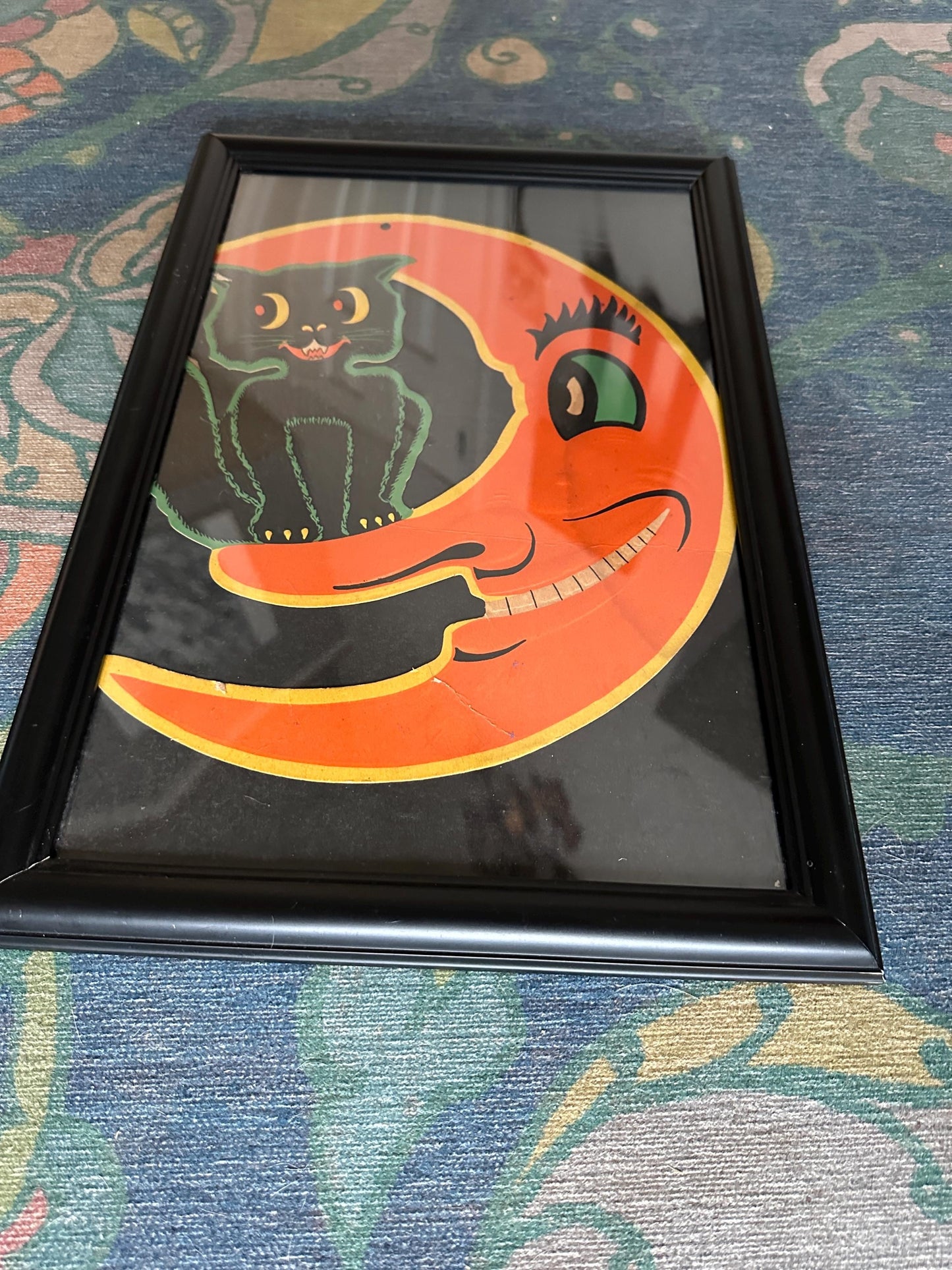 Framed Vintage BEISTLE Halloween Die-Cut: Smiling Moon & Black Cat Embossed Art