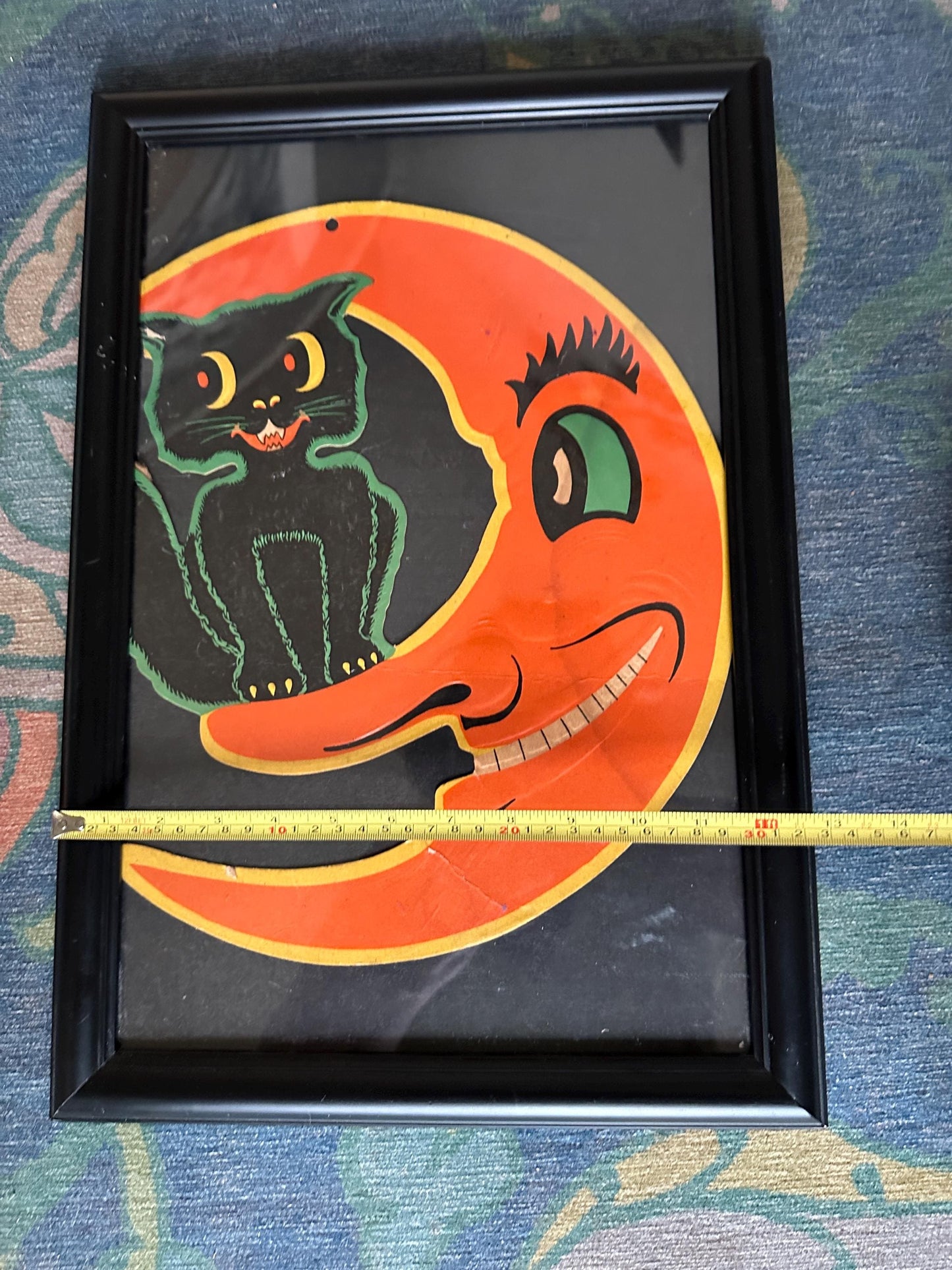 Framed Vintage BEISTLE Halloween Die-Cut: Smiling Moon & Black Cat Embossed Art