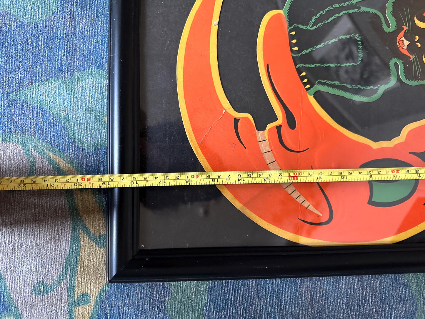 Framed Vintage BEISTLE Halloween Die-Cut: Smiling Moon & Black Cat Embossed Art