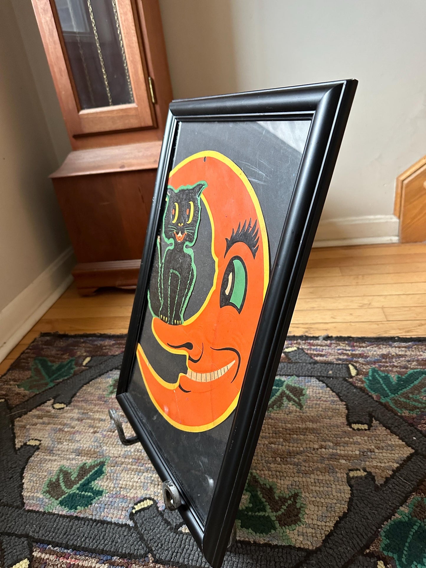 Framed Vintage BEISTLE Halloween Die-Cut: Smiling Moon & Black Cat Embossed Art