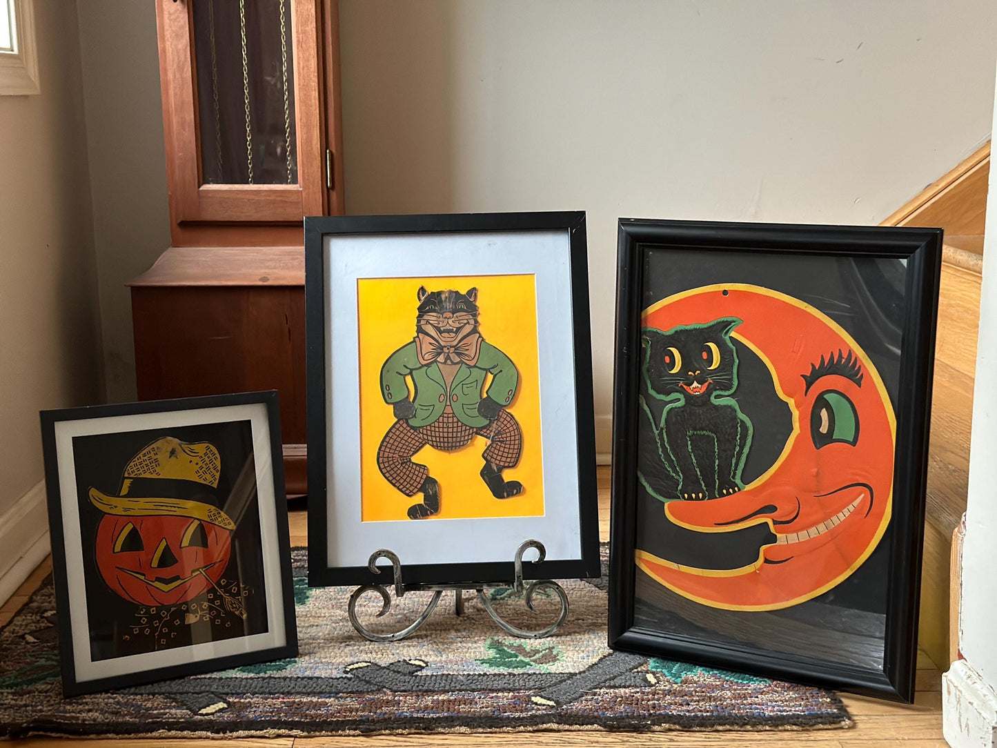 Framed Vintage BEISTLE Halloween Die-Cut: Smiling Moon & Black Cat Embossed Art