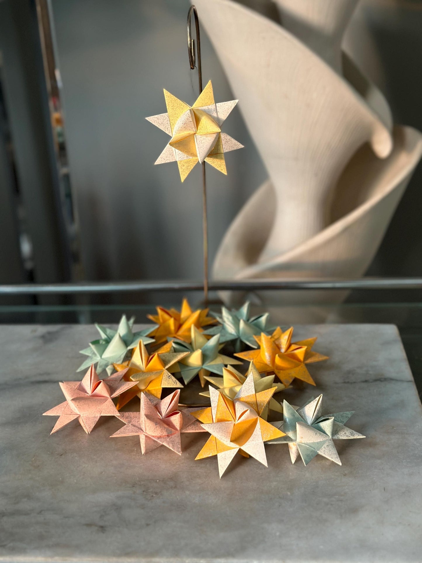Pastel Moravian Star Christmas Ornaments - Glitter Paper, Handmade Set of 12