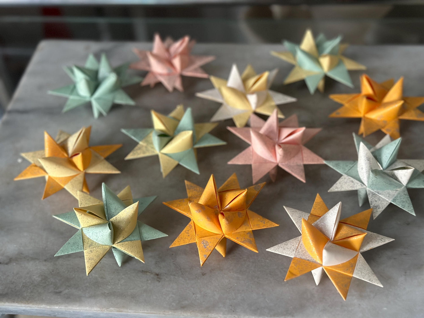 Pastel Moravian Star Christmas Ornaments - Glitter Paper, Handmade Set of 12