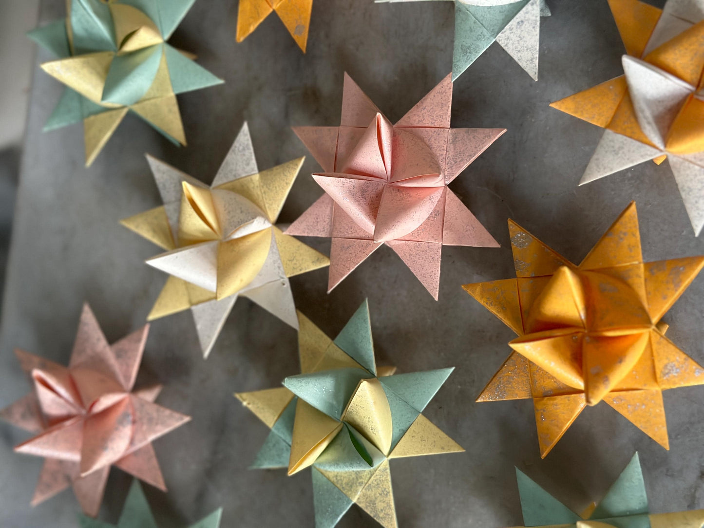 Pastel Moravian Star Christmas Ornaments - Glitter Paper, Handmade Set of 12