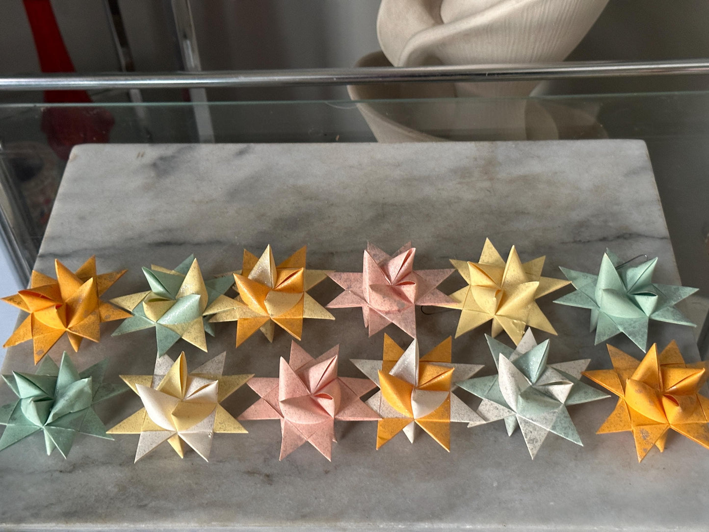 Pastel Moravian Star Christmas Ornaments - Glitter Paper, Handmade Set of 12
