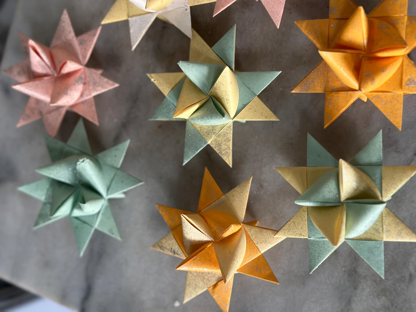 Pastel Moravian Star Christmas Ornaments - Glitter Paper, Handmade Set of 12