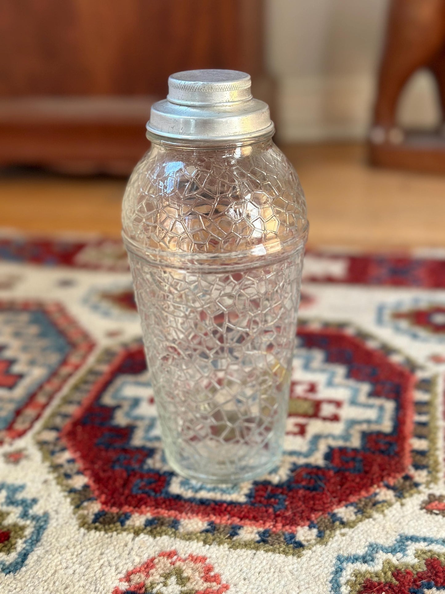 Vintage Crackle Glass Cocktail Shaker: Mid-Century Modern Barware