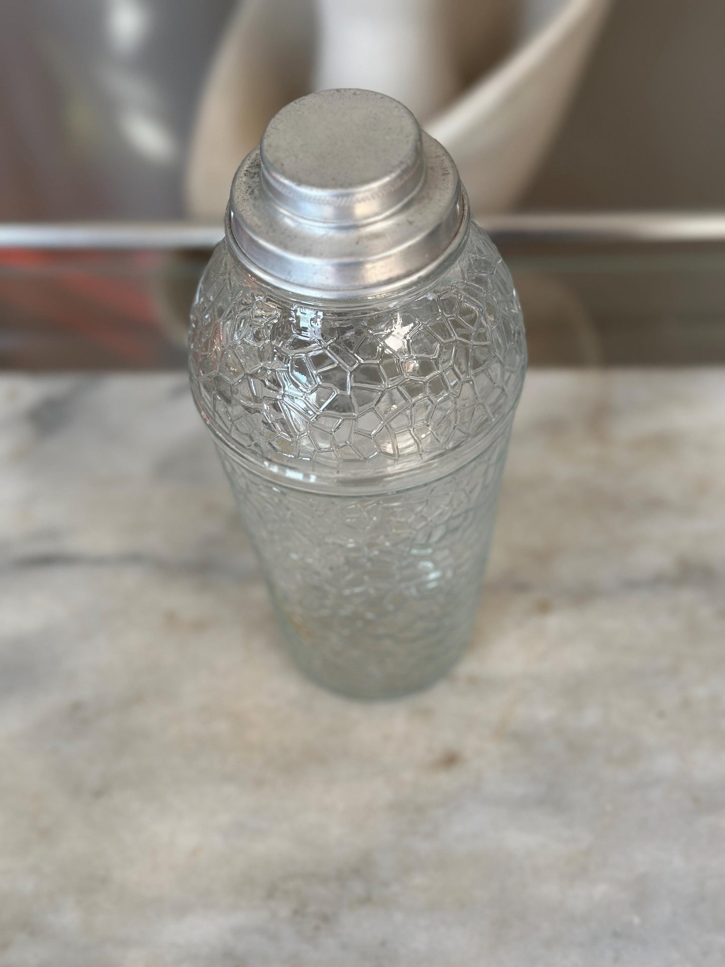 Vintage Crackle Glass Cocktail Shaker: Mid-Century Modern Barware