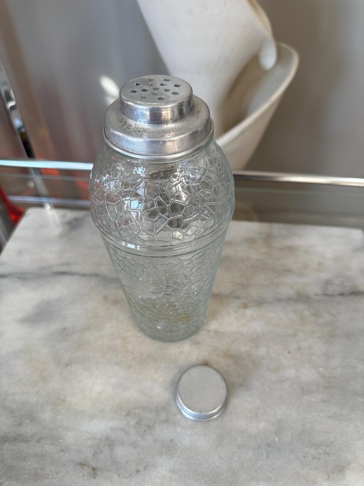 Vintage Crackle Glass Cocktail Shaker: Mid-Century Modern Barware