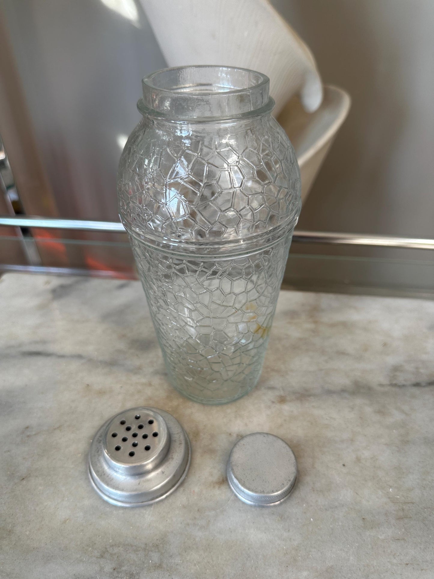 Vintage Crackle Glass Cocktail Shaker: Mid-Century Modern Barware
