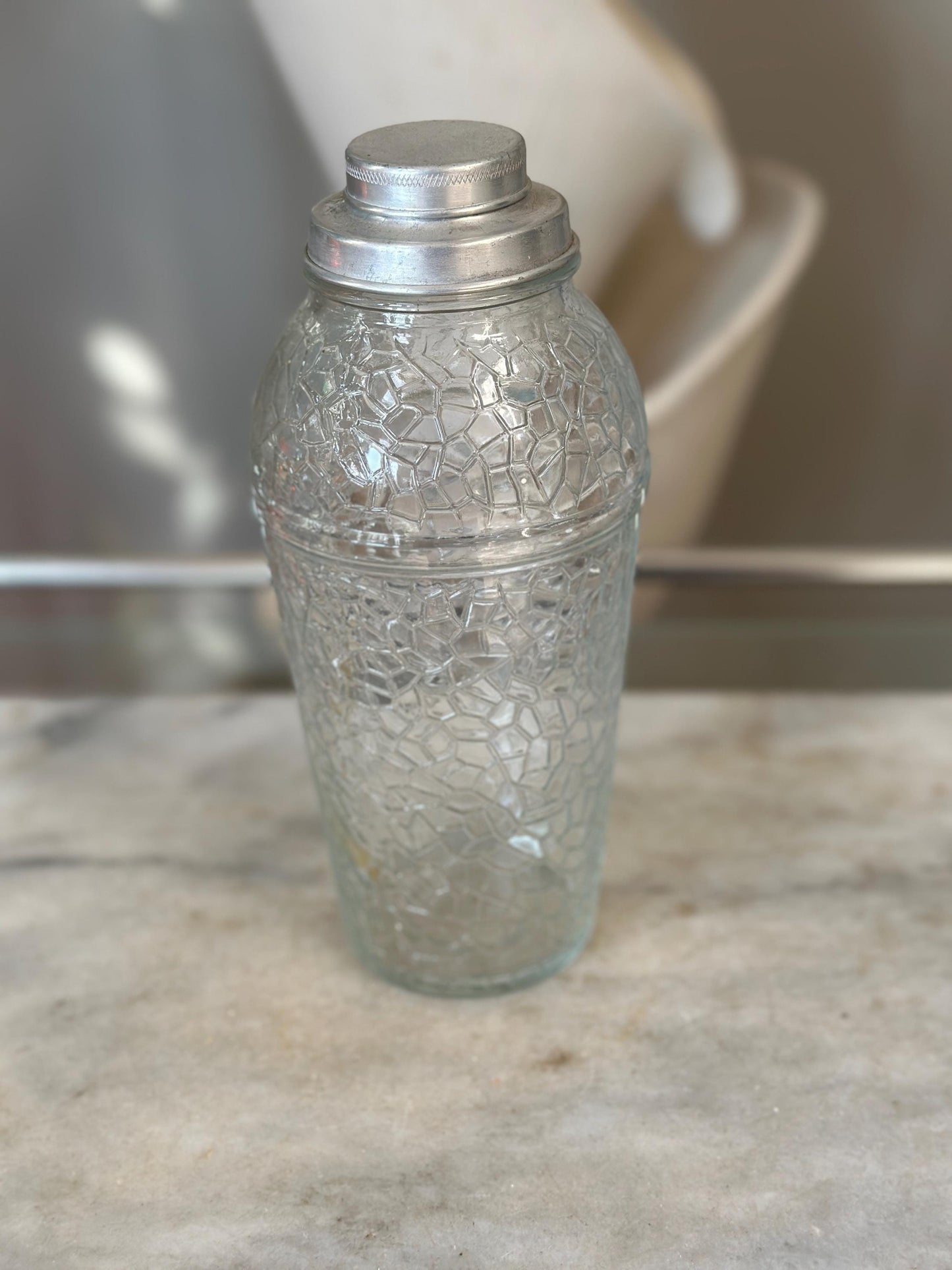 Vintage Crackle Glass Cocktail Shaker: Mid-Century Modern Barware