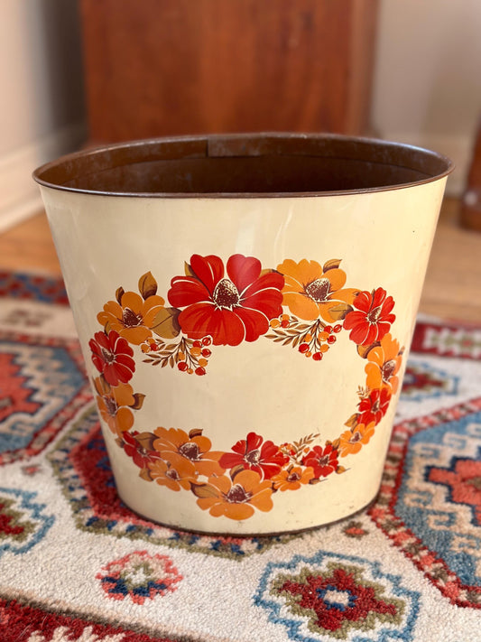 Vintage Floral Metal Wastebasket: JV Reed & Co. Retro Home Decor