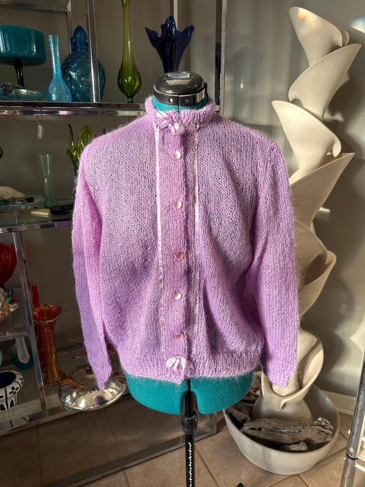 Vintage Lilac Mohair Cardigan: Ribbon Accents, Pink Buttons - 80s Style