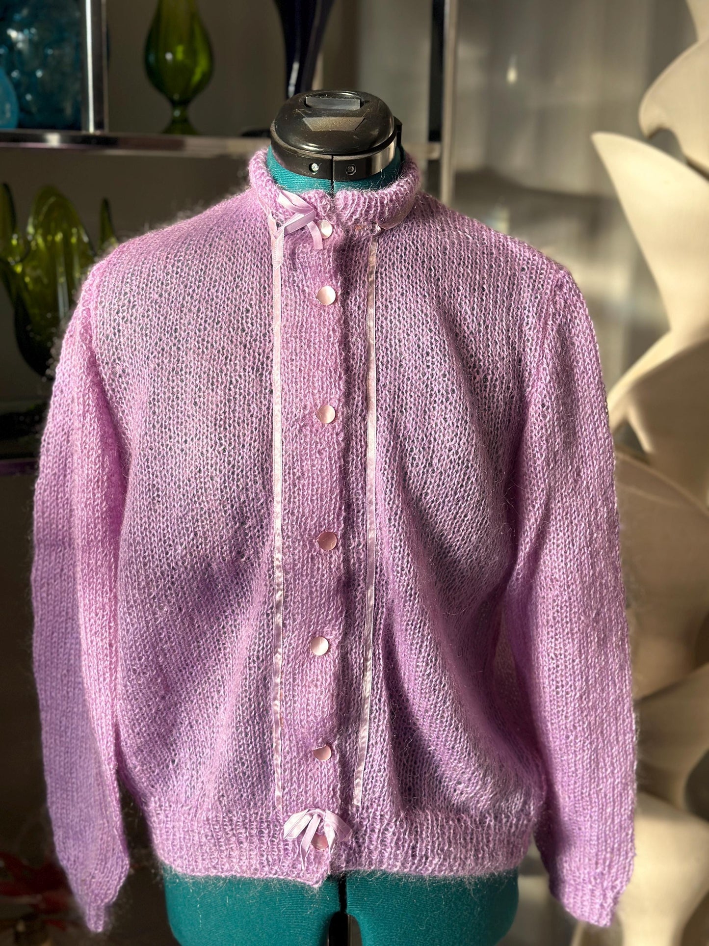 Vintage Lilac Mohair Cardigan: Ribbon Accents, Pink Buttons - 80s Style