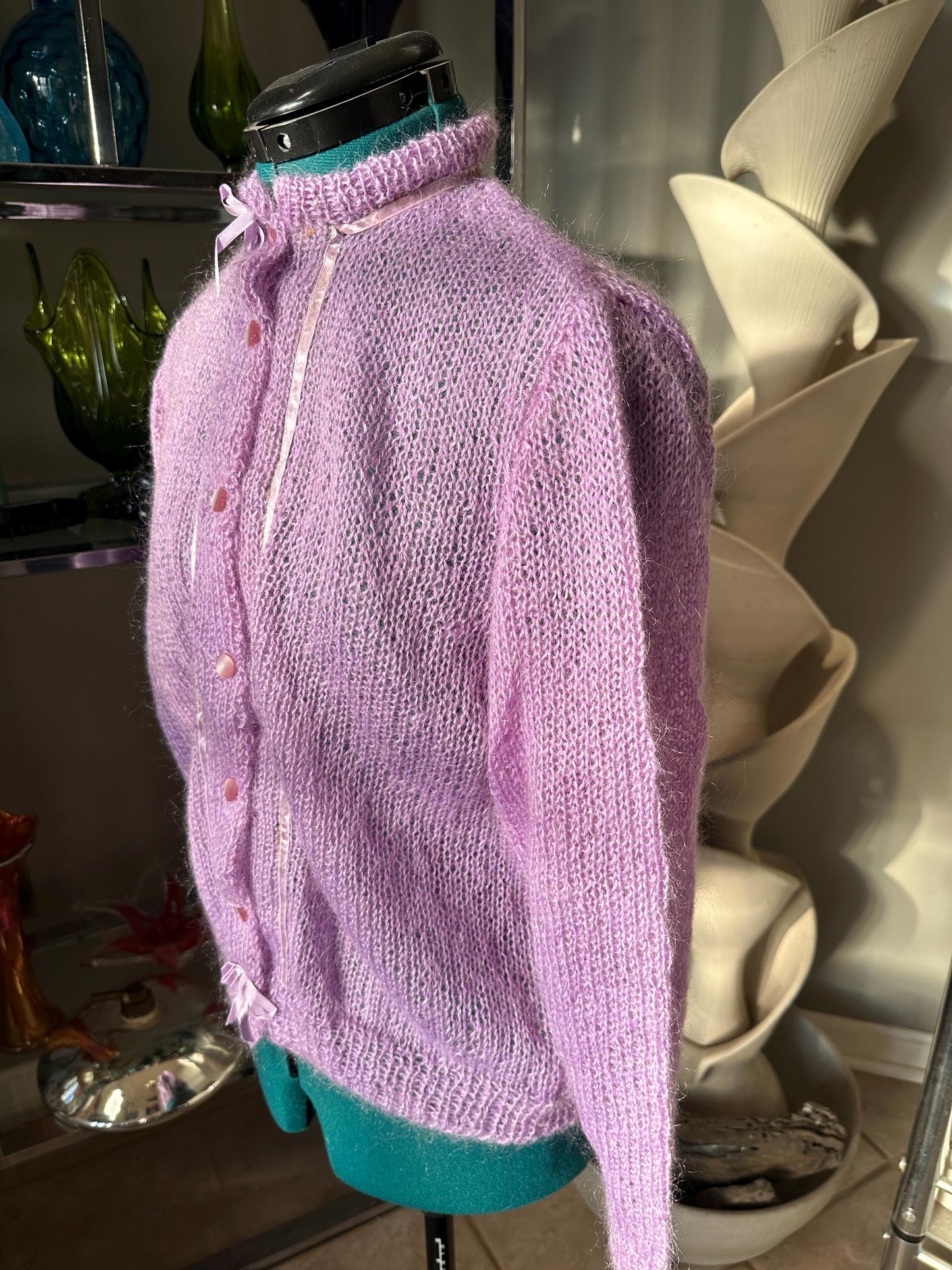 Vintage Lilac Mohair Cardigan: Ribbon Accents, Pink Buttons - 80s Style