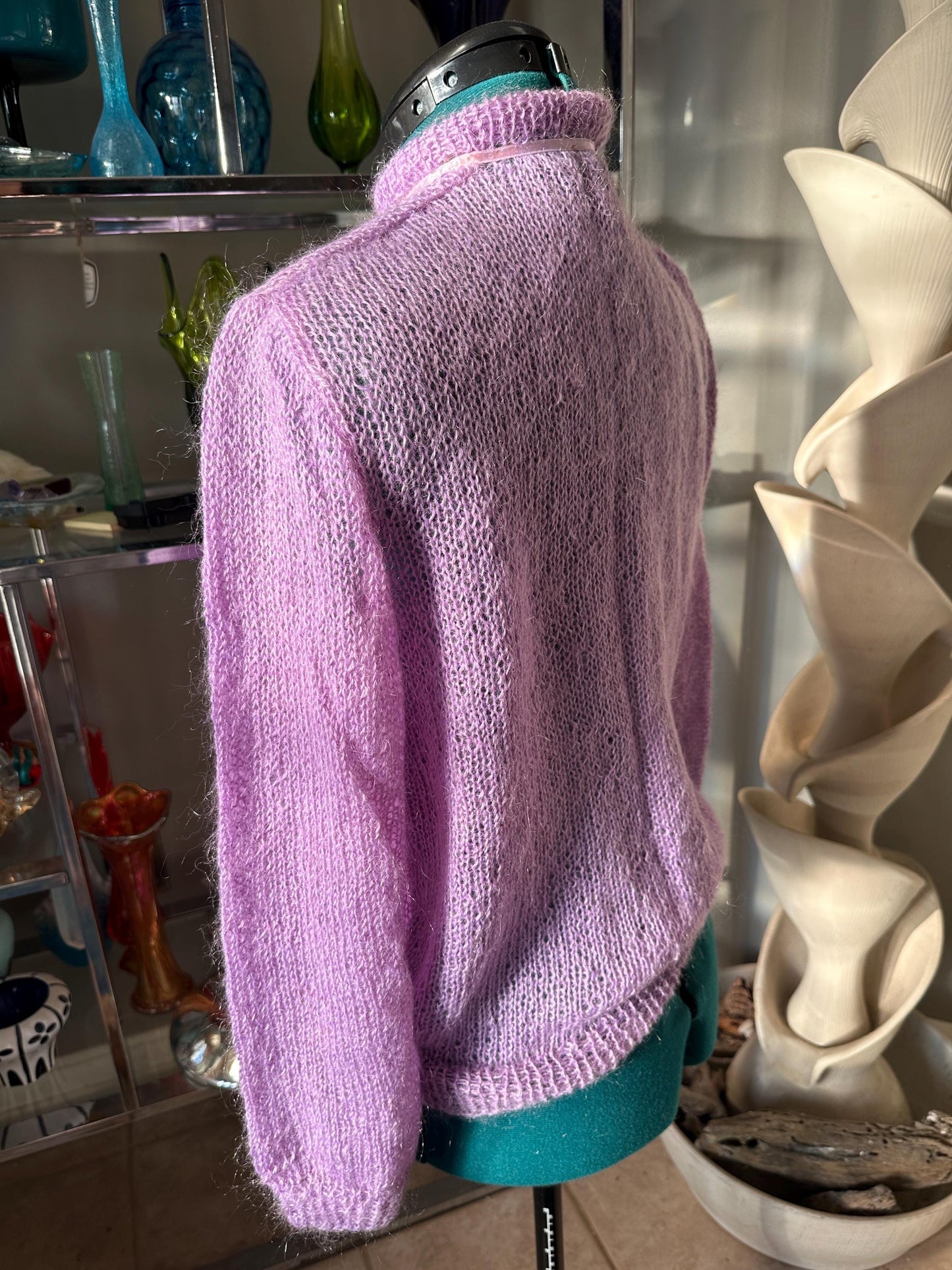 Vintage Lilac Mohair Cardigan: Ribbon Accents, Pink Buttons - 80s Style