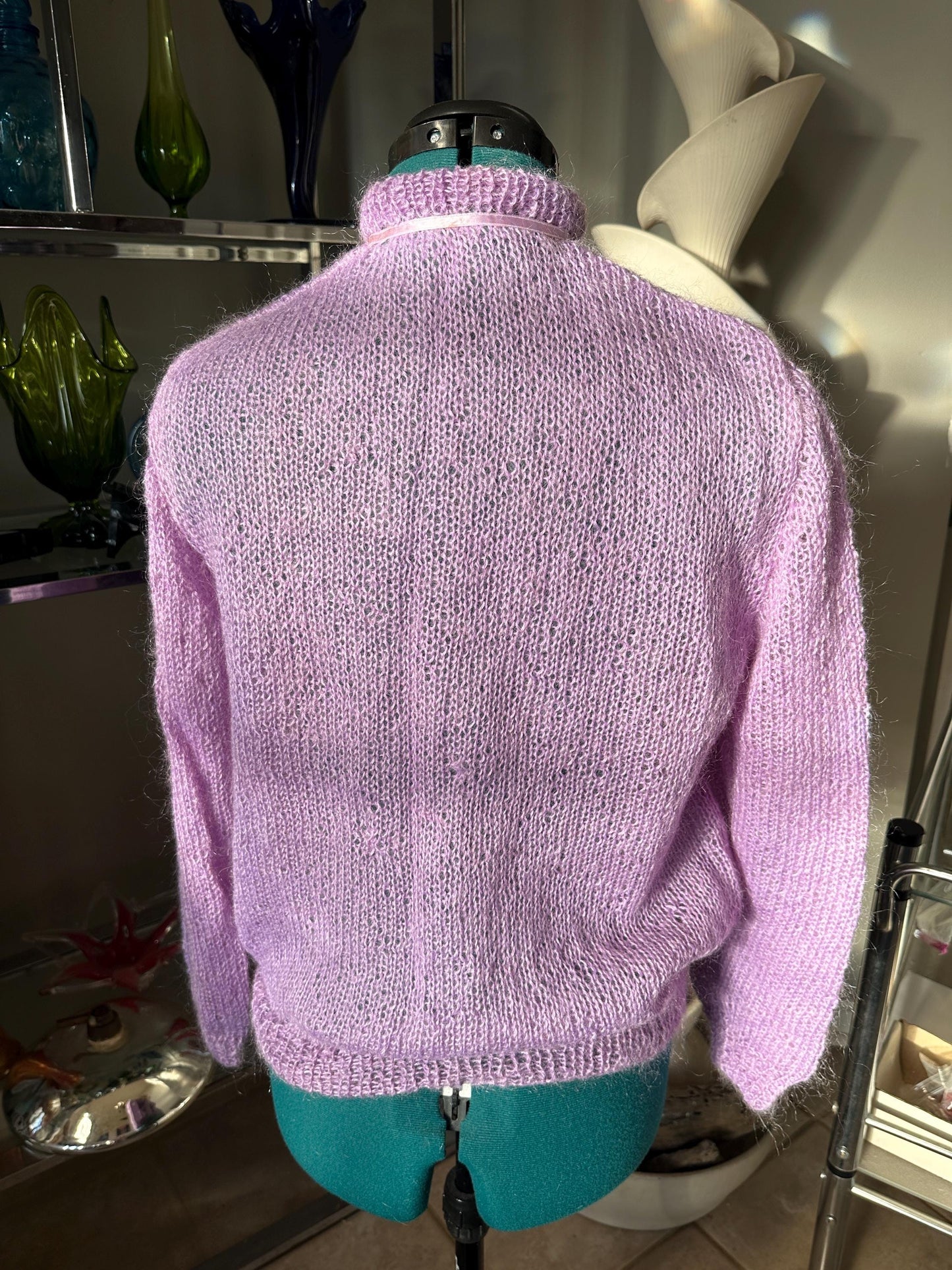 Vintage Lilac Mohair Cardigan: Ribbon Accents, Pink Buttons - 80s Style