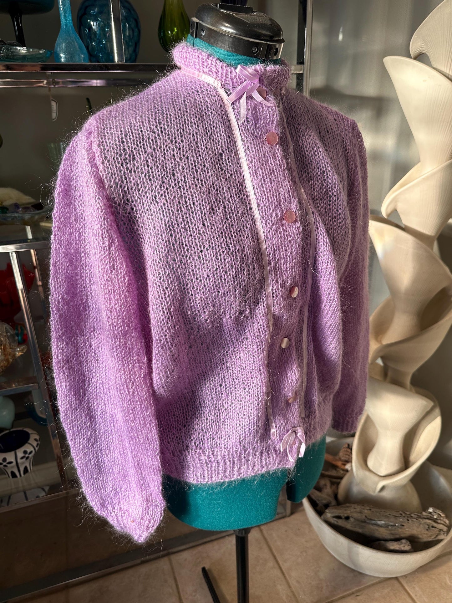 Vintage Lilac Mohair Cardigan: Ribbon Accents, Pink Buttons - 80s Style