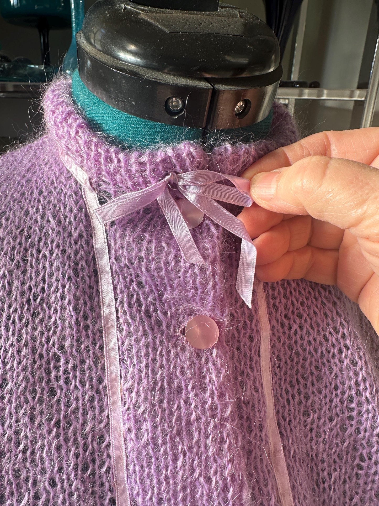 Vintage Lilac Mohair Cardigan: Ribbon Accents, Pink Buttons - 80s Style