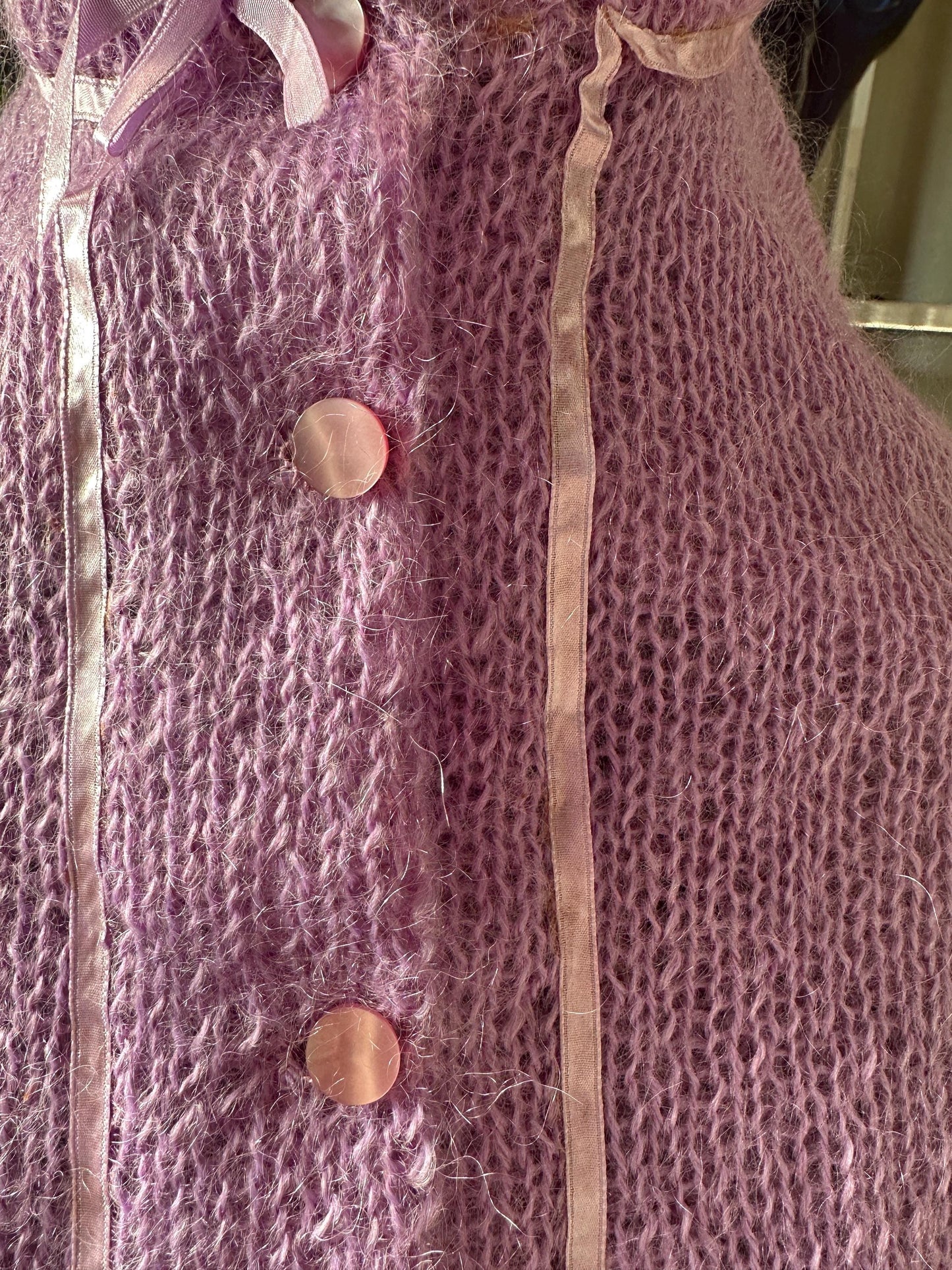 Vintage Lilac Mohair Cardigan: Ribbon Accents, Pink Buttons - 80s Style