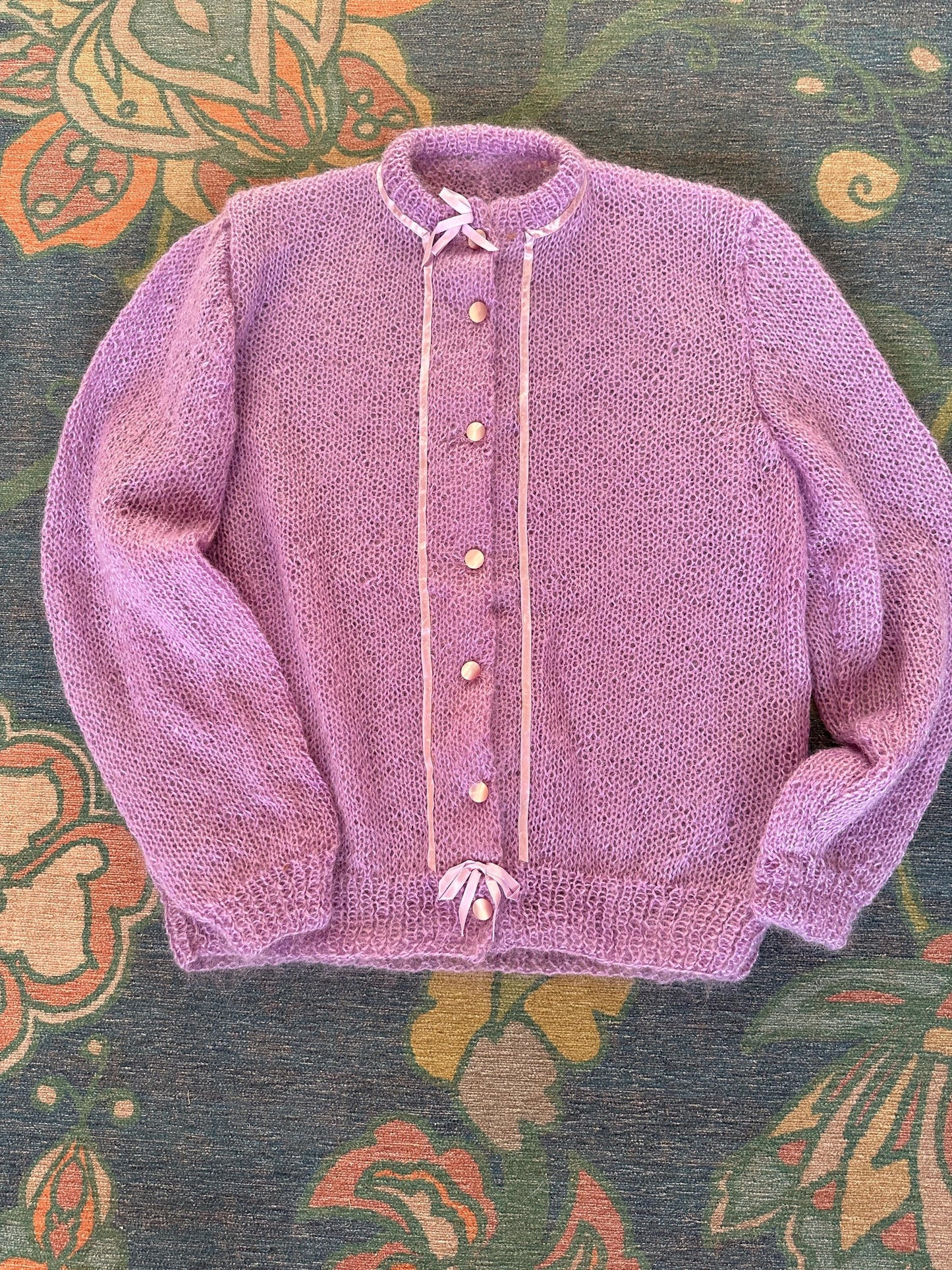 Vintage Lilac Mohair Cardigan: Ribbon Accents, Pink Buttons - 80s Style