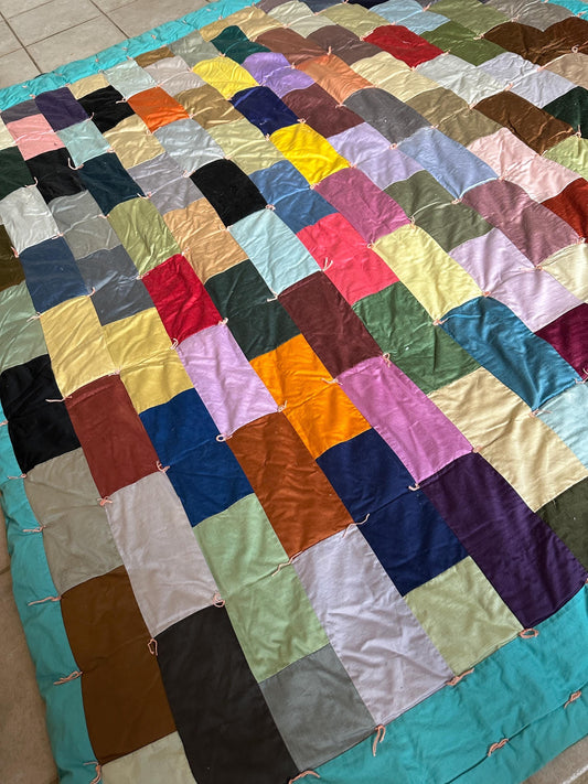 Hand-Stitched Vintage Cotton Comforter: Chartreuse Green, 60s-70s Yarn-Tied Quilt (68” x 84”)