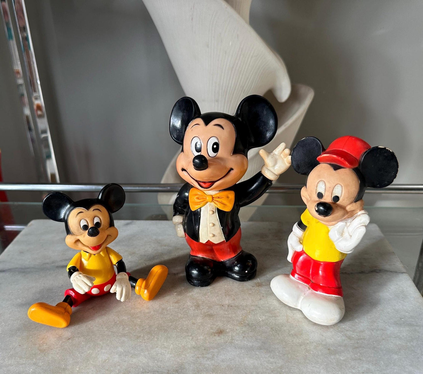 Vintage Mickey Mouse Toy Collection: 1960s Bank, Rubber Toy, 1970s Poseable Figure