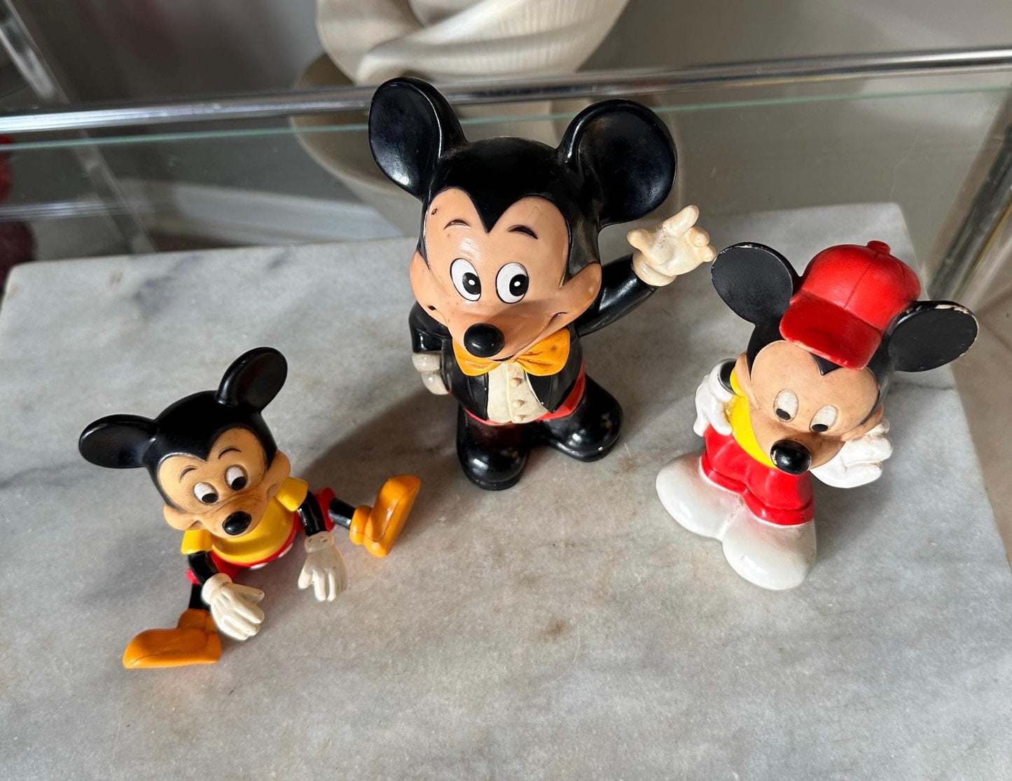 Vintage Mickey Mouse Toy Collection: 1960s Bank, Rubber Toy, 1970s Poseable Figure